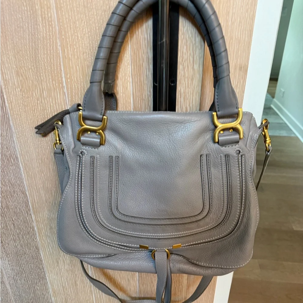 Chloe Grey-Taupe Leather Shoulder Bag with Gold Hardware